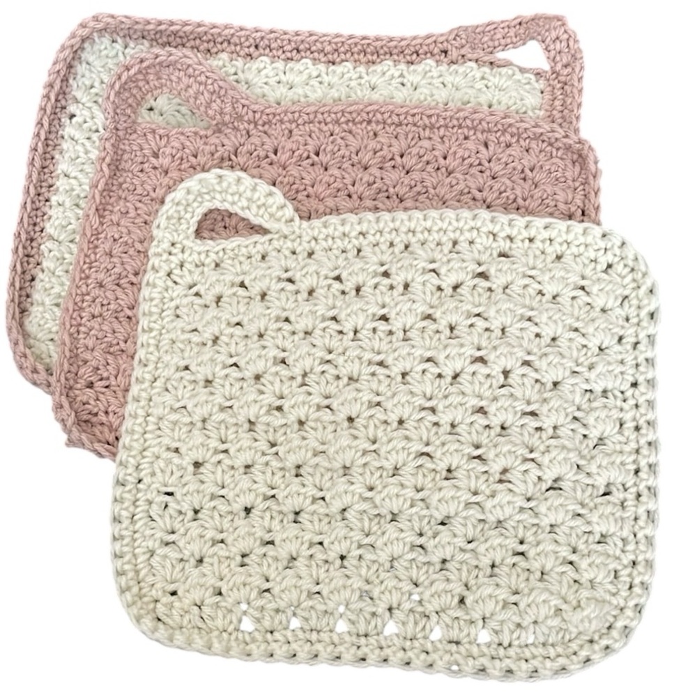 Handcrafted Crochet Kitchen Bath Wash Cloths Cream Dusty Rose Handmade